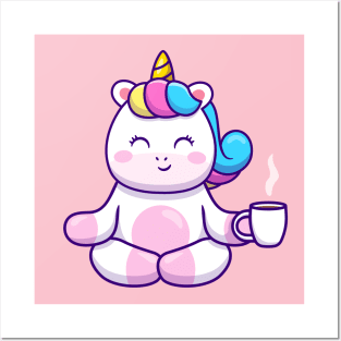 Cute Unicorn Yoga Holding Coffee Posters and Art